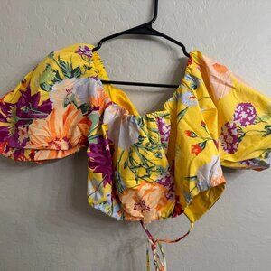 H&M Floral Puff Sleeve Crop Top Small NWT Yellow Multicolor Summer Trendy